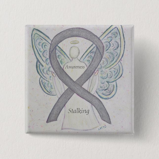 Stalking Awareness Ribbon Silver Angel Art Buttons (Front)