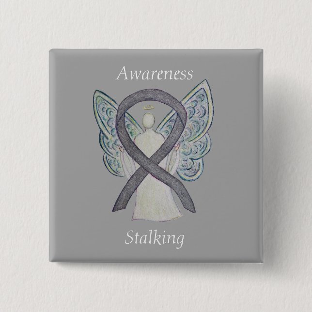 Stalking Awareness Silver Angel Ribbon Art Pins (Front)