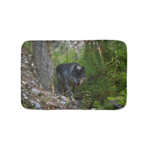 Stalking Grey Wolf and Wilderness Forest Bath Mat