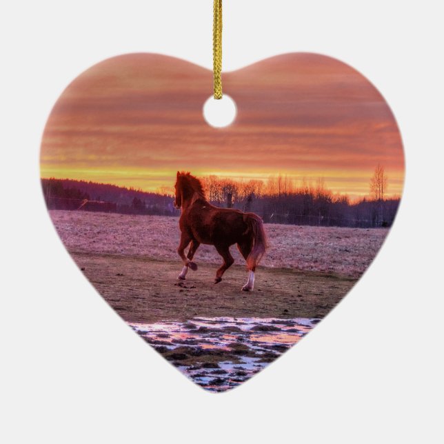 Stallion Running Home at Sunset on Ranch Ceramic Tree Decoration (Back)