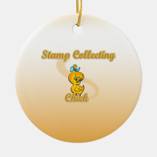Stamp Collecting Chick Ceramic Tree Decoration (Front)