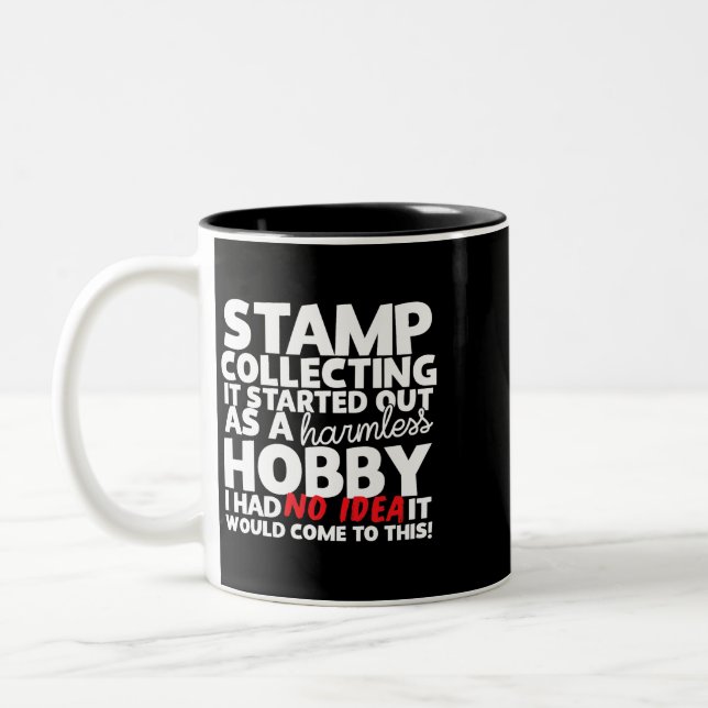 Stamp Collecting Harmless Hobby Stamp Two-Tone Coffee Mug (Left)
