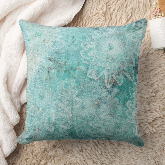 Stamped Flowers Teal Background Cushion (Blanket)