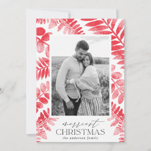 Stamped Foliage Red Watercolor 2 Photo Holiday Card