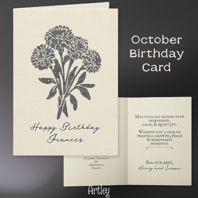 Stamped Marigold October Birth Flower Linen Card (Creator Uploaded)