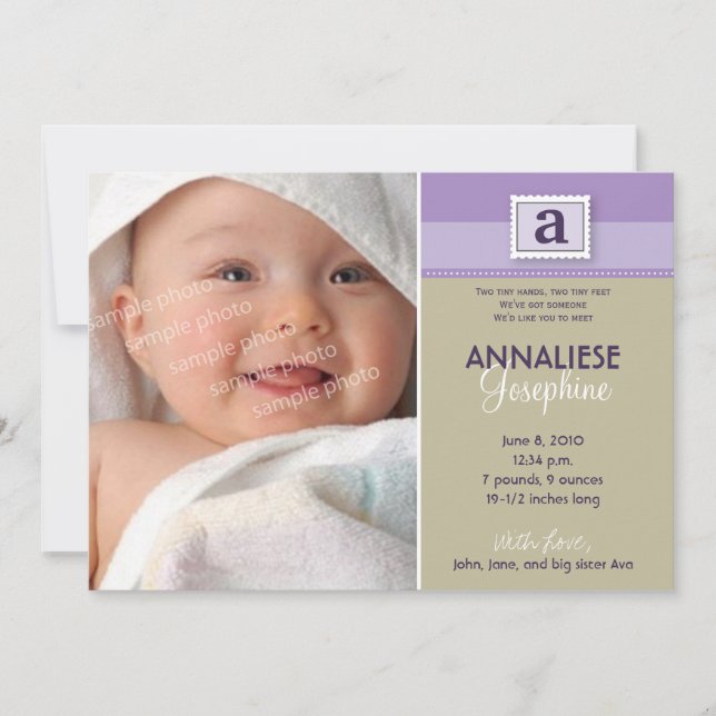 Stamped Monogram Birth Announcement :: purple (Front)