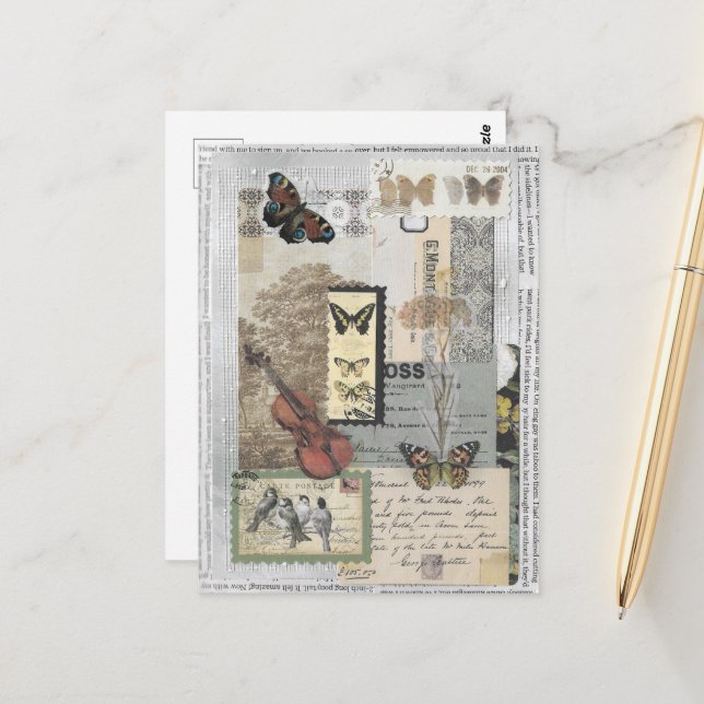 Stamps Vintage Ephemera Decoupage Postcard (Front/Back In Situ)