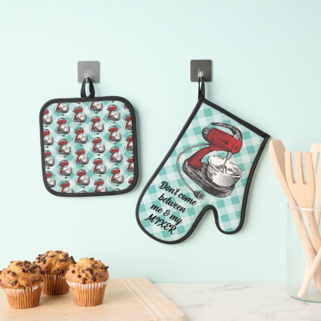 Stand mixer kitchen cooking baking personalised oven mitt & pot holder set (Insitu(Hanging))