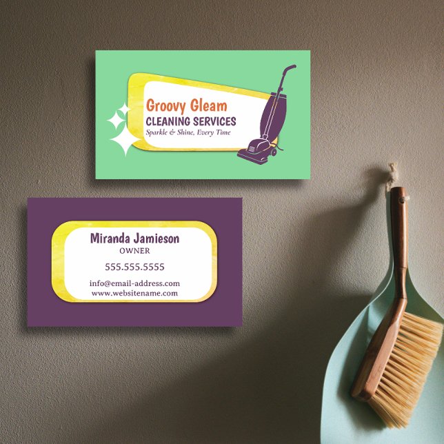 Stand Out Retro Vacuum Professional Cleaning Business Card (Retro upright vacuum cleaning business card front and back.)