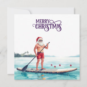 Stand-Up Paddle Santa — Coastal Christmas Holiday Card