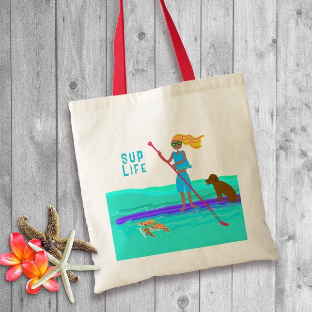 Stand Up Paddleboard Girl Dog Turtle Illustrated Tote Bag (Creator Uploaded)