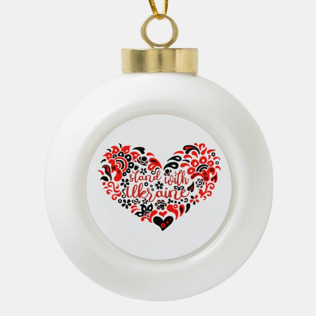 Stand with Ukraine lettering and heart Ceramic Ball Christmas Ornament (Front)