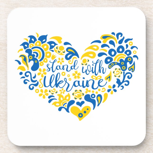 Stand with Ukraine lettering and heart Coaster (Front)