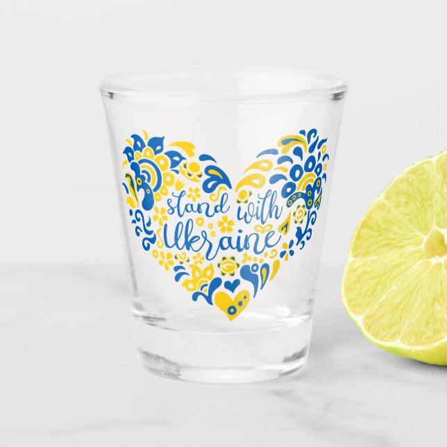 Stand with Ukraine lettering and heart Shot Glass (Front)