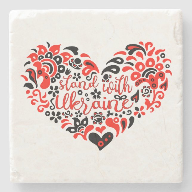 Stand with Ukraine lettering and heart Stone Coaster (Front)