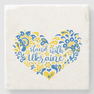Stand with Ukraine lettering and heart Stone Coaster