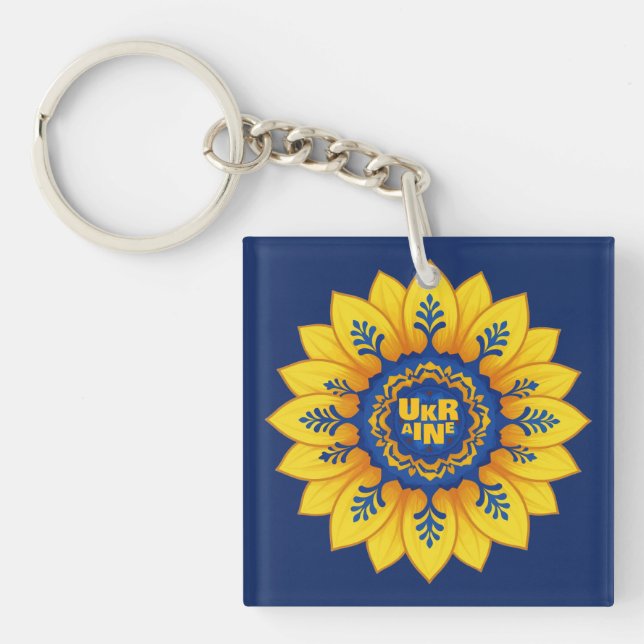 Stand with Ukraine Sunflower blue yellow flag Key Ring (Front)