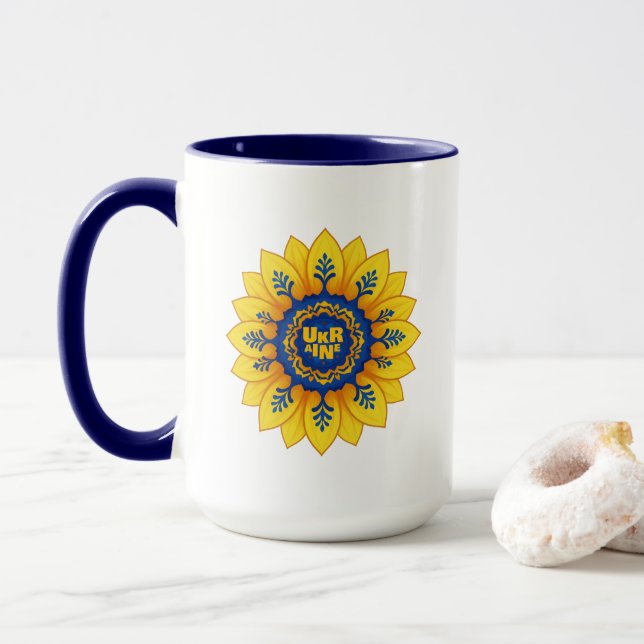 Stand with Ukraine Sunflower blue yellow flag Mug (With Donut)