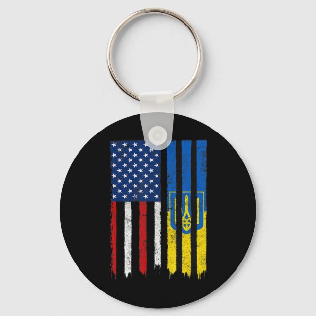 Stand With Ukraine Ukrainian American Flag Pride U Key Ring (Front)