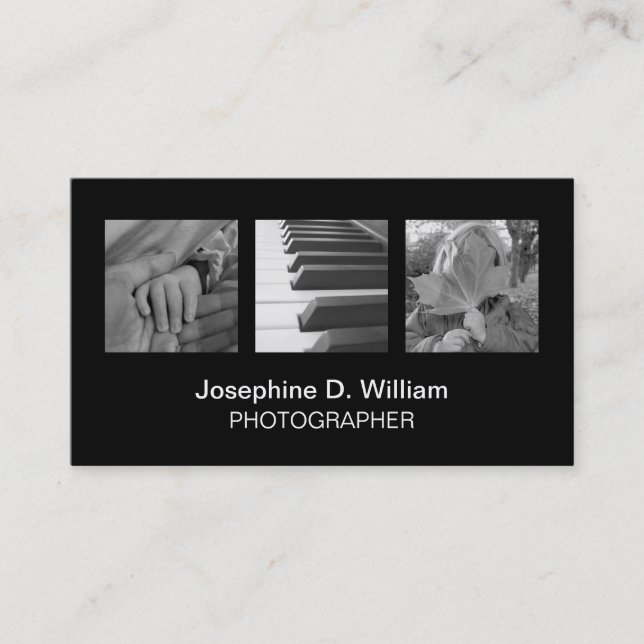 Standard 3 photo or logo black white modern chic business card (Front)