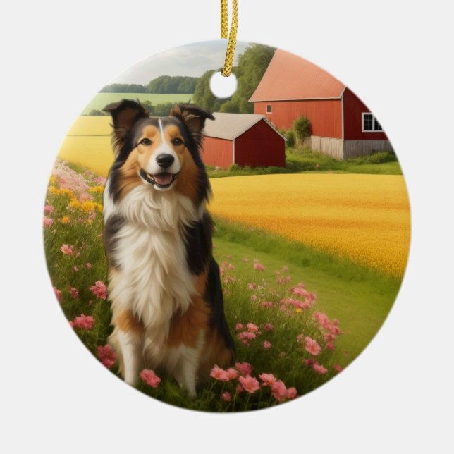 Standard Collie on Farm Ceramic Tree Decoration (Front)