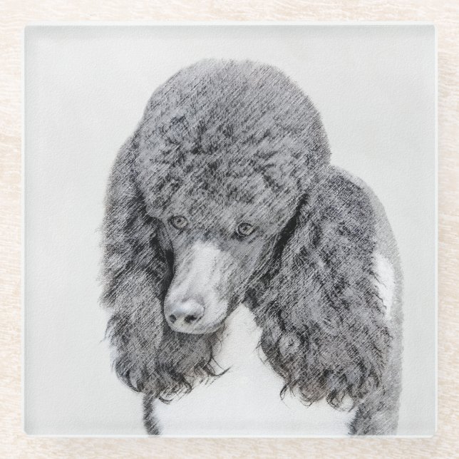 Standard Poodle Black Parti Painting - Dog Art Glass Coaster (Front)