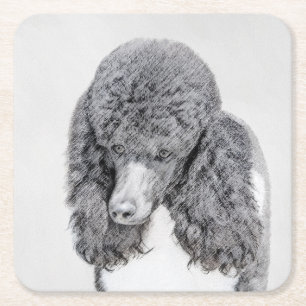 Standard Poodle Black Parti Painting - Dog Art Square Paper Coaster