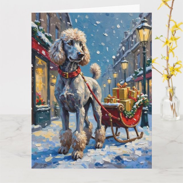 Standard Poodle French Sleigh Christmas Card (Yellow Flower)