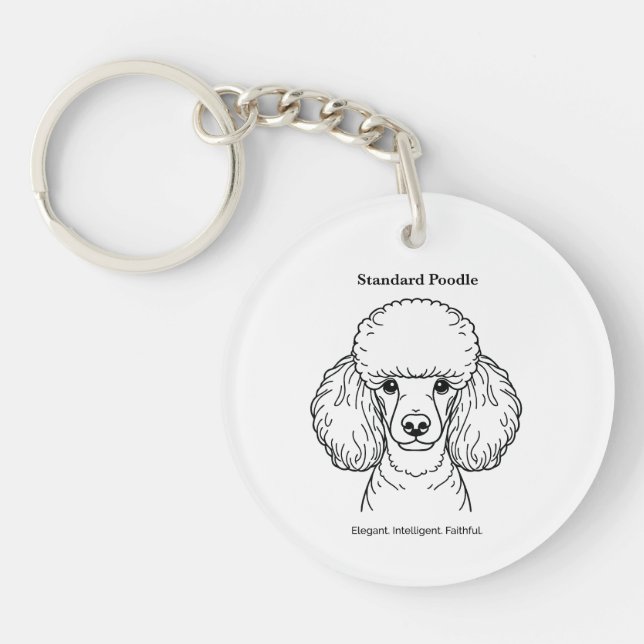 Standard Poodle Portrait Black Line Illustration Key Ring (Front)