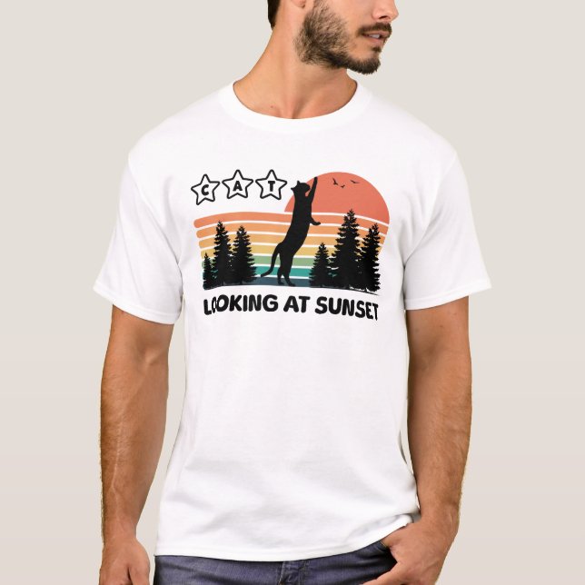 standing black cat looks at sunset T-Shirt (Front)