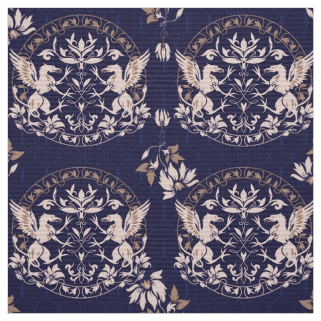 Standing Black Griffin with flower patter DIY Fabric (Swatch)