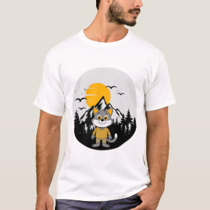 Standing Cartoon Cat In Nature Mountain Art T-Shirt