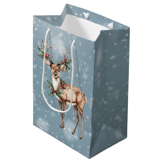Standing Deer With Christmas Holly and Berries Medium Gift Bag (Front Angled)