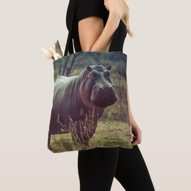 Standing Hippo Posing at Camera in Africa Foliage Tote Bag (Close Up)