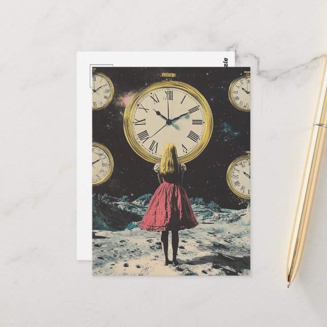Standing in Time Surreal Pocket Watch Land Postcard (Front/Back In Situ)