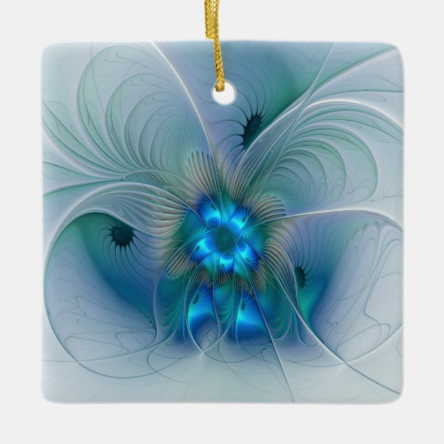 Standing Ovations, Abstract Blue Turquoise Fractal Ceramic Ornament (Front)