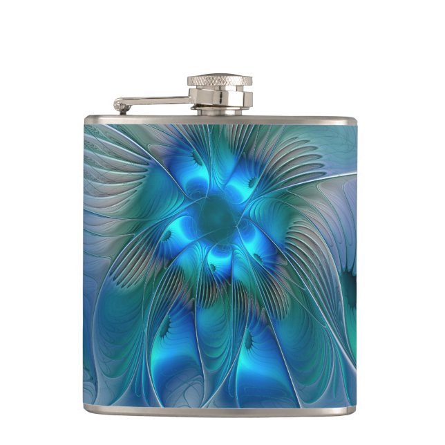Standing Ovations, Abstract Blue Turquoise Fractal Hip Flask (Front)