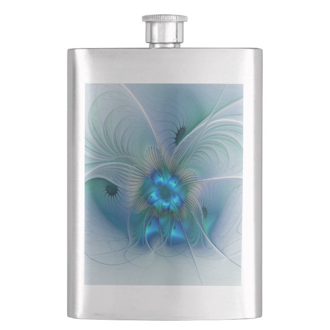 Standing Ovations, Abstract Blue Turquoise Fractal Hip Flask (Front)