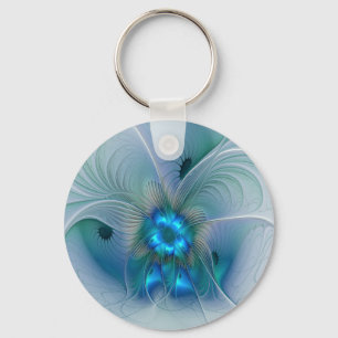 Standing Ovations, Abstract Blue Turquoise Fractal Key Ring