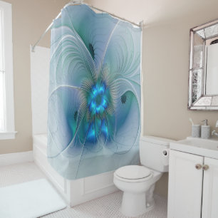 Standing Ovations, Abstract Blue Turquoise Fractal Shower Curtain
