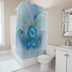 Standing Ovations, Abstract Blue Turquoise Fractal Shower Curtain