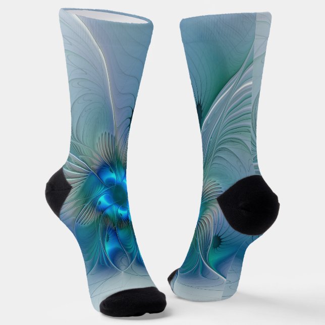 Standing Ovations, Abstract Blue Turquoise Fractal Socks (Angled)