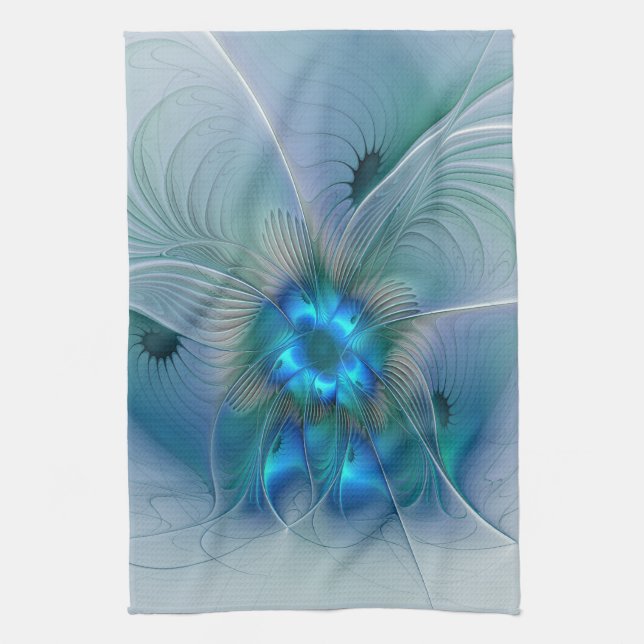 Standing Ovations, Abstract Blue Turquoise Fractal Tea Towel (Vertical)