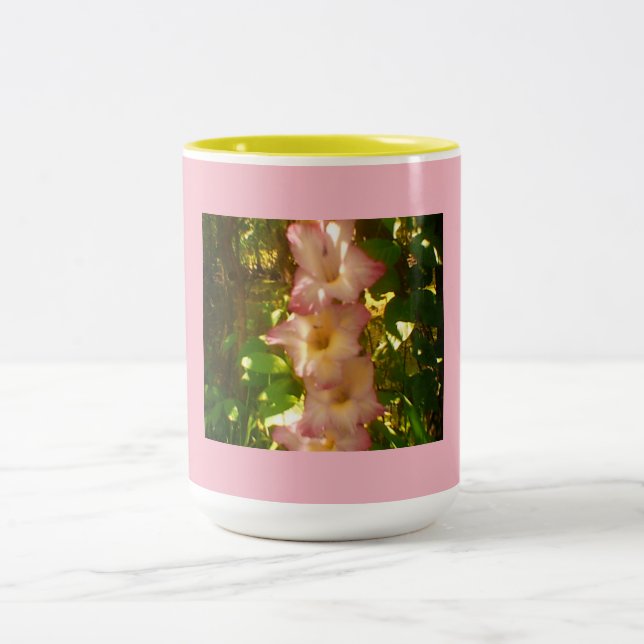 Standing  Pink Flower Blooms Two-Tone Coffee Mug (Center)