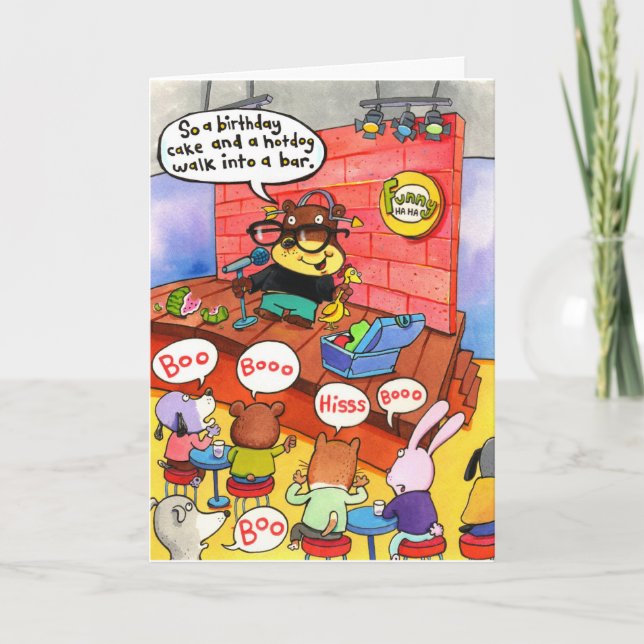 Standup comic doing comedy. Crowd booing.  Card (Front)