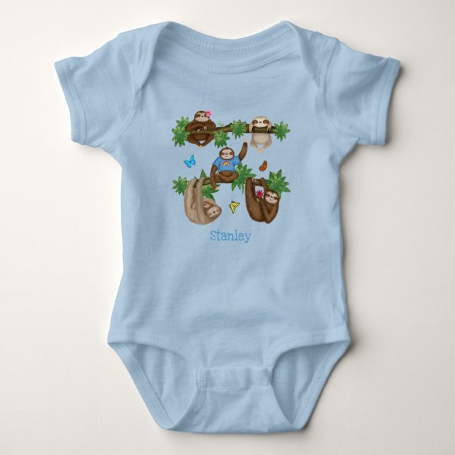 Stanley Sloth personalized blue baby bodysuit (Front)