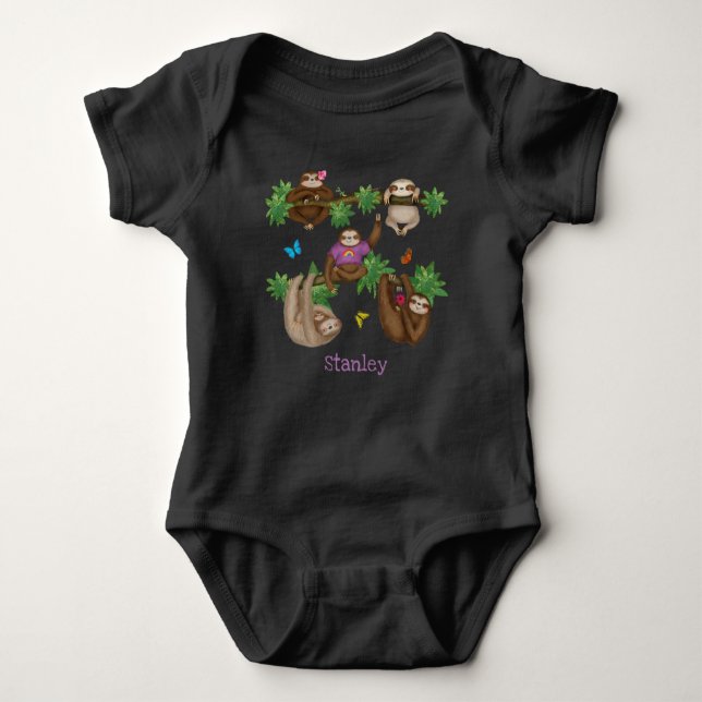 Stanley Sloth personalized purple baby bodysuit (Front)