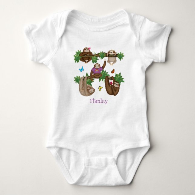 Stanley Sloth personalized purple baby bodysuit (Front)