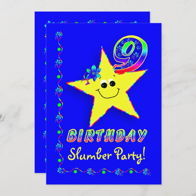 Star 9th Birthday Slumber Party Invitation (Front/Back)