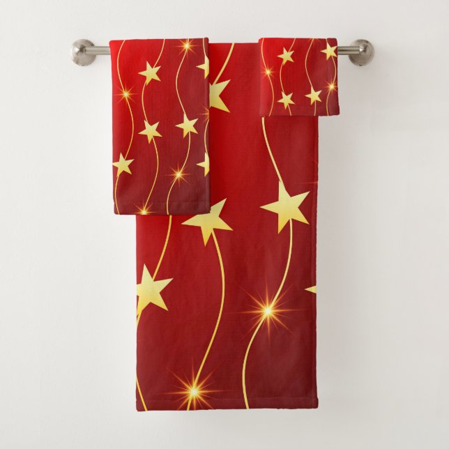 Star Adorned Ruby Red Pattern  Bath Towel Set (Insitu)